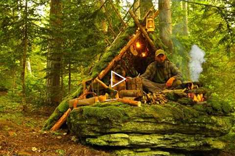 Building a Survival Shelter in a Forest - Camp food - Eating on stone - Camping alone with dog