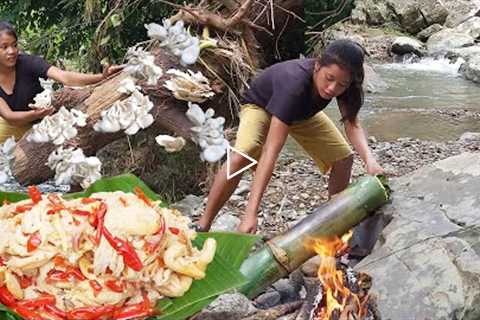 Yummy cook mushroom plant - Mushroom spice grilled in bamboo tree - Survival in forest