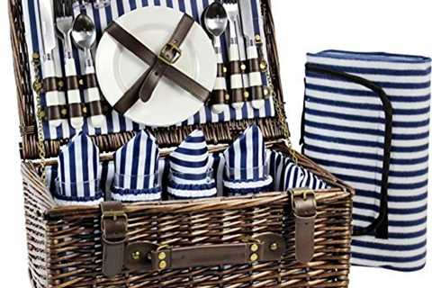 Wicker Picnic Basket for 4 with Soft Picnic Blanket, Picnic Set for 4 with Beach Mat, Willow Hamper ..