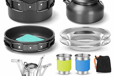 Odoland 16pcs Camping Cookware Set with Folding Camping Stove, Non-Stick Lightweight Pot Pan Kettle ..